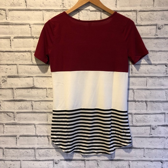 New Color Block Striped Tee Shirt Top Burgundy - Picture 3 of 4